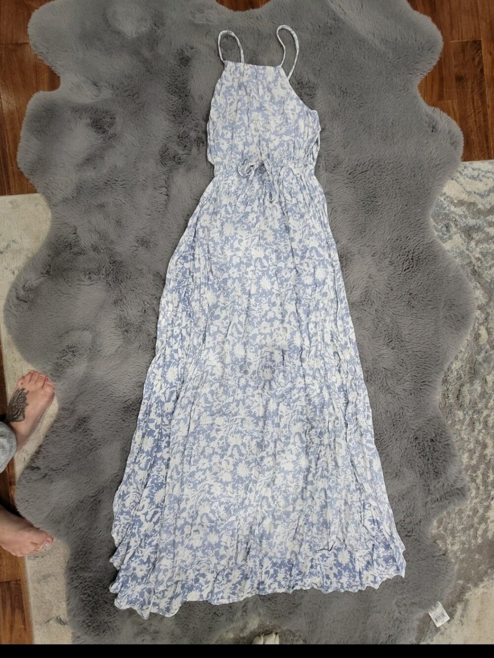 Billabong Double Slit Maxi Dress Dusty Blue White Floral Cut Out Halter Flowy - Picture 3 of 8